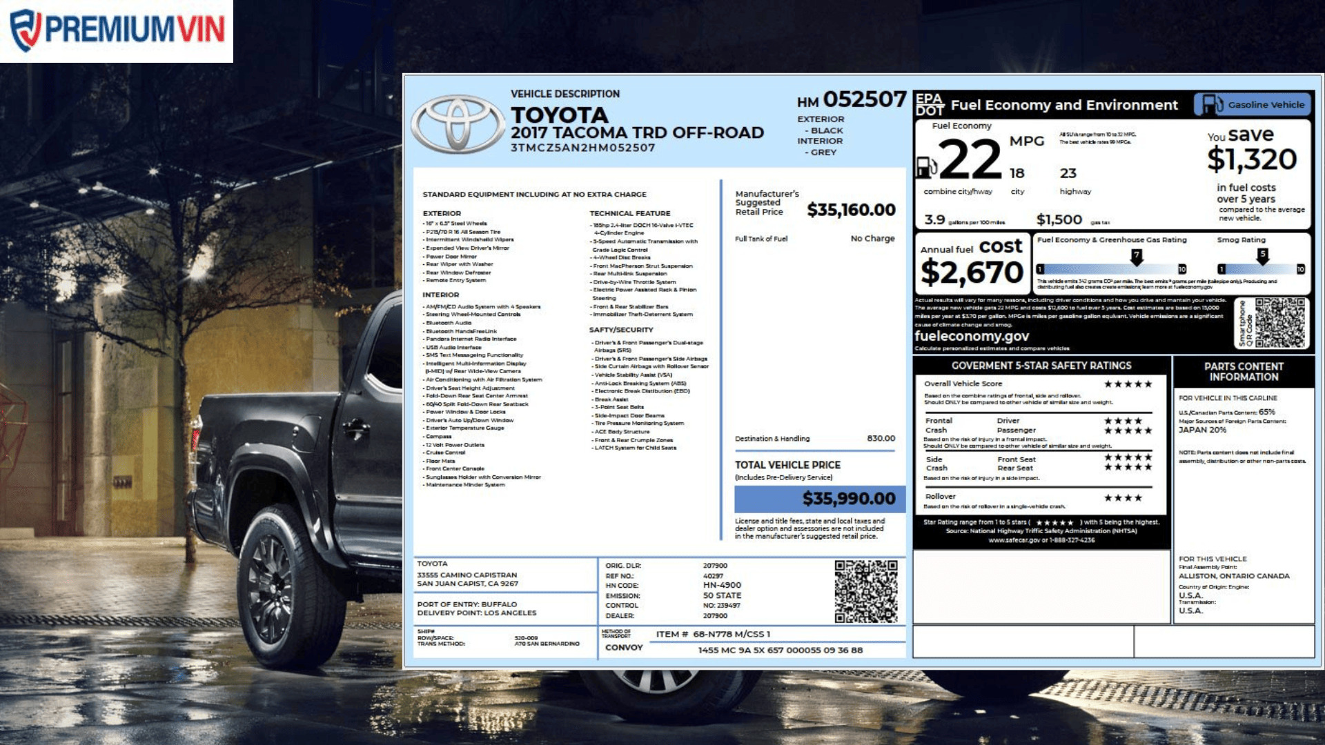 Toyota Window sticker from the VIN Number