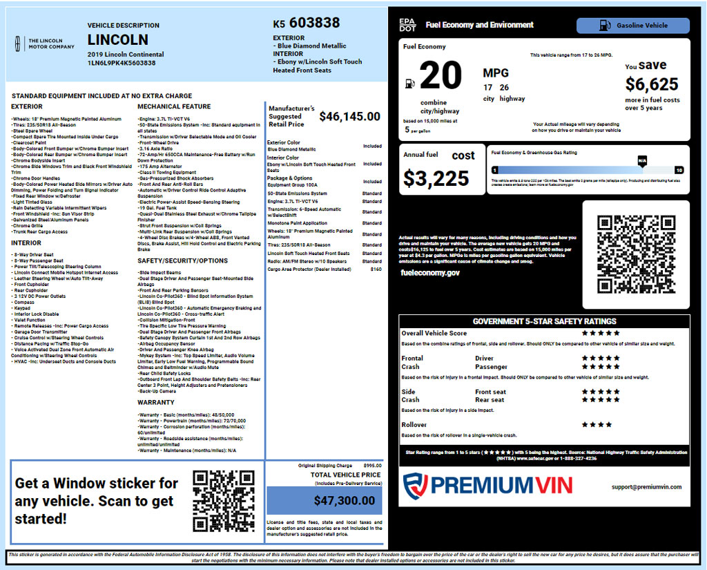 Lincoln window sticker lookup report PDF download
