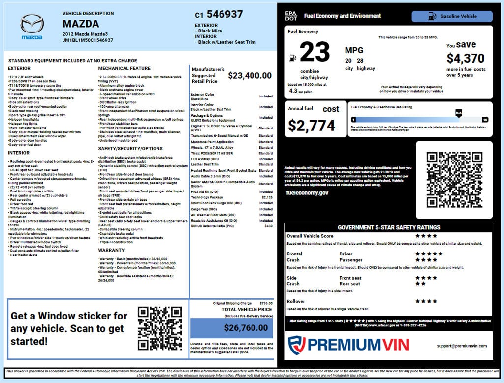 Mazda Window Sticker Lookup