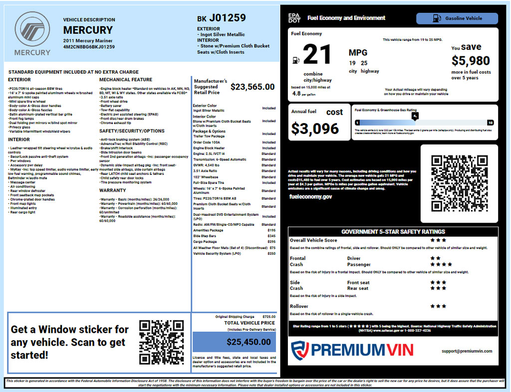 Mercury window sticker lookup