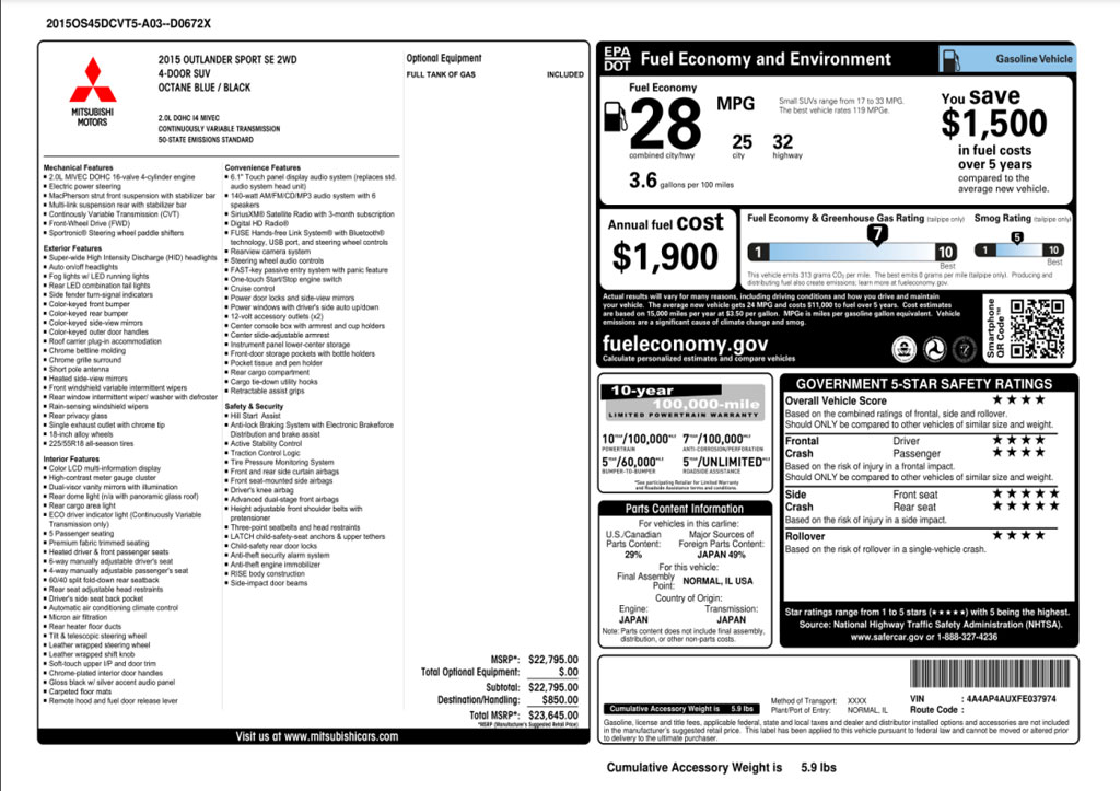 Mitsubishi window sticker report