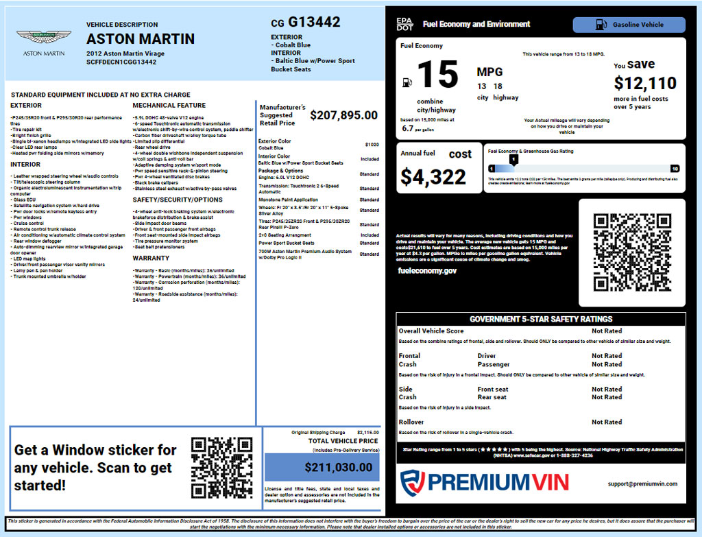 Aston Martin window sticker lookup report