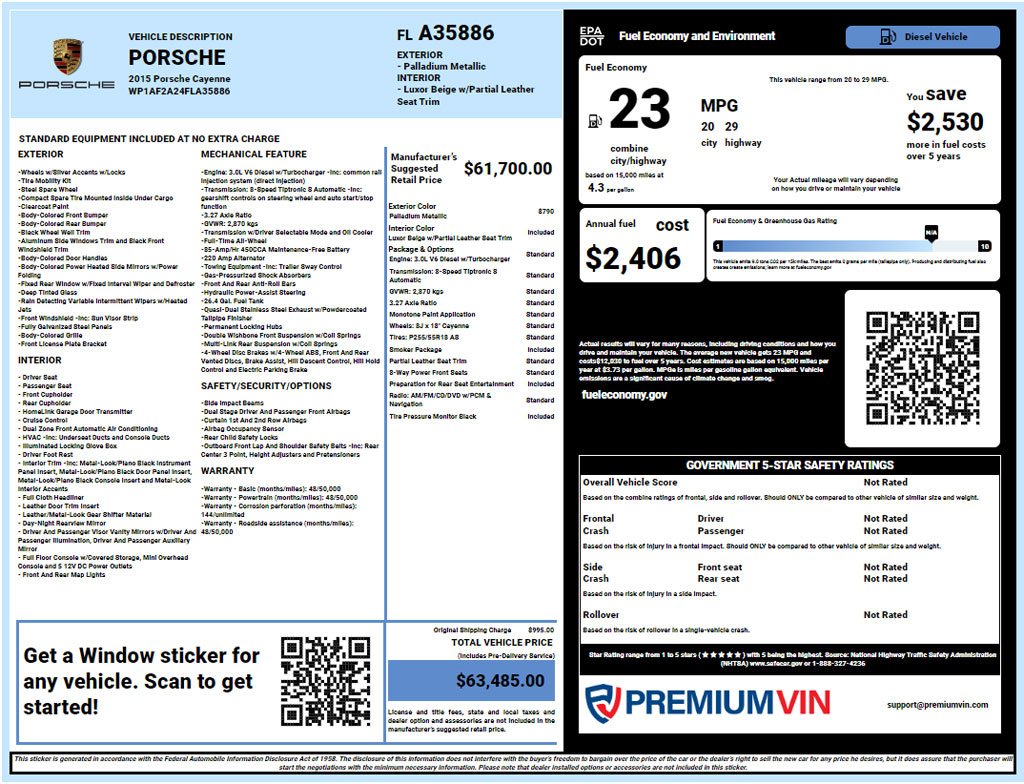 Porsche window sticker lookup report