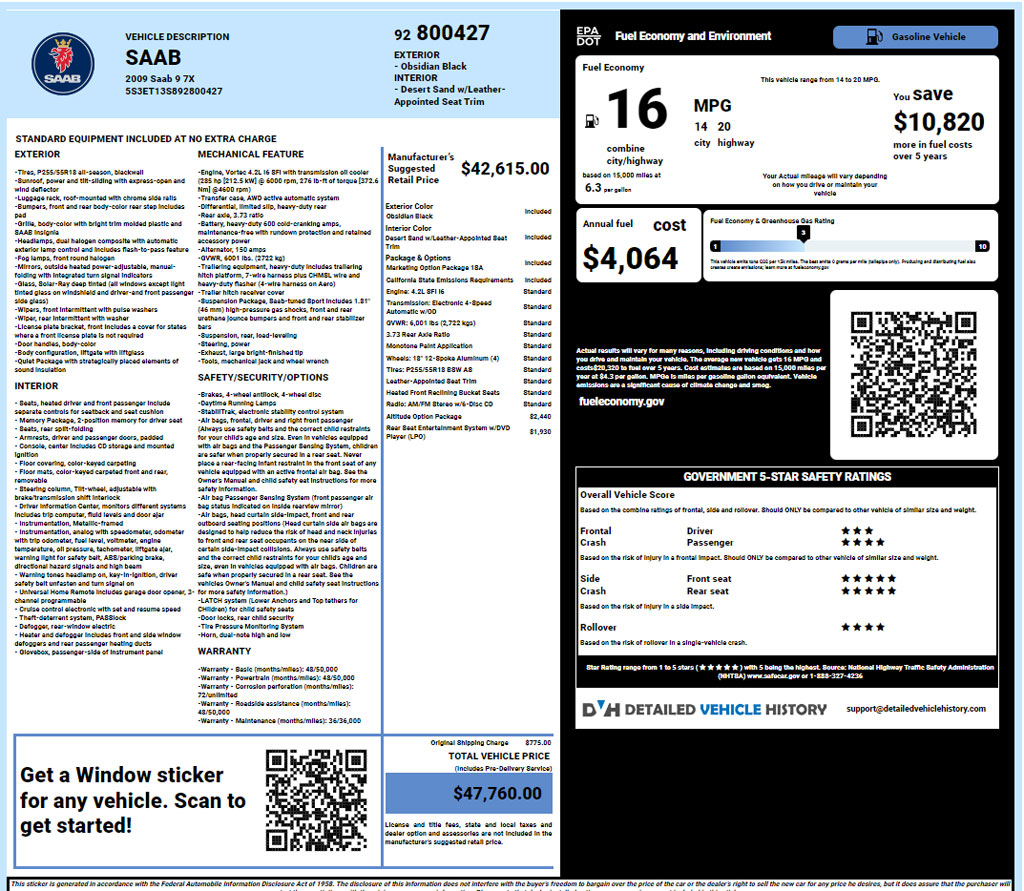 Saab window sticker lookup report