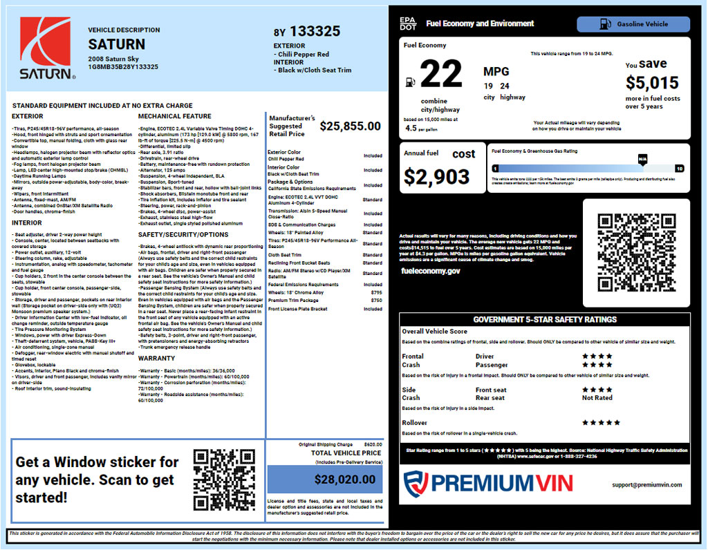 Saturn window sticker lookup report