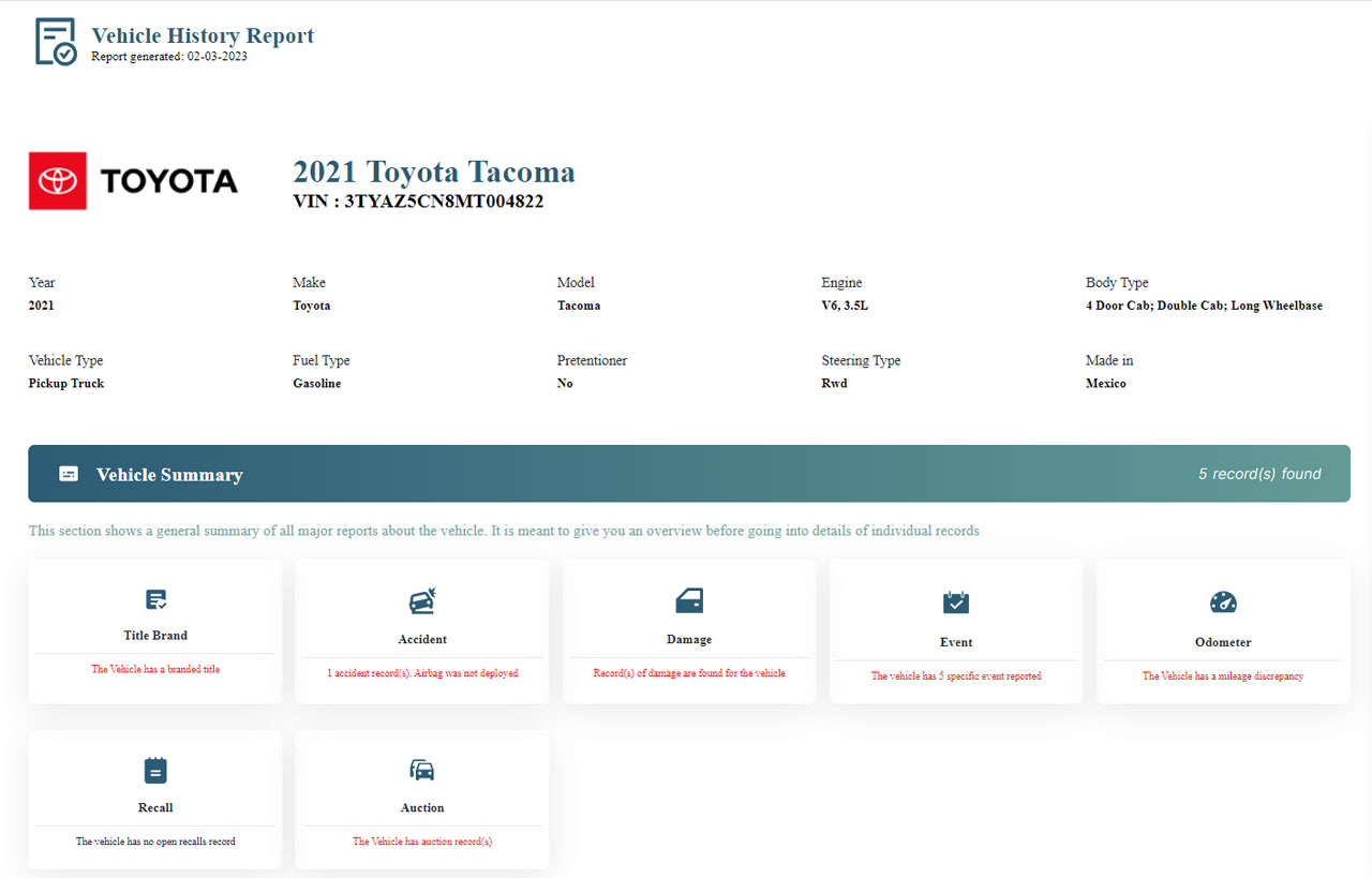 Toyota Vehicle History Report
