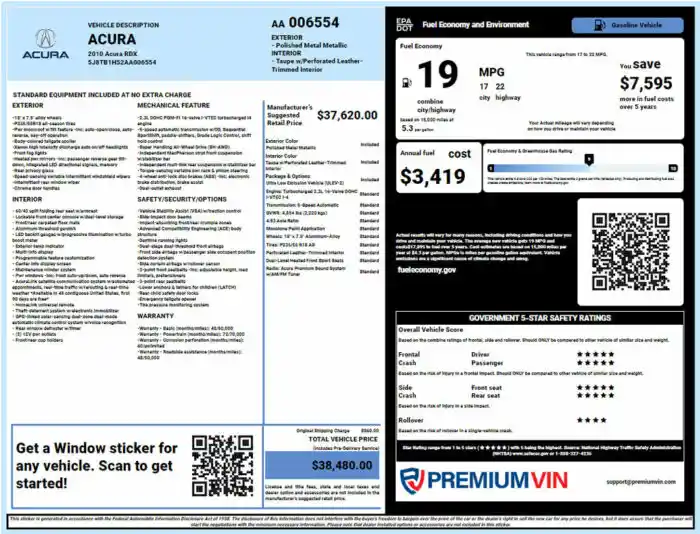 Acura window sticker lookup report