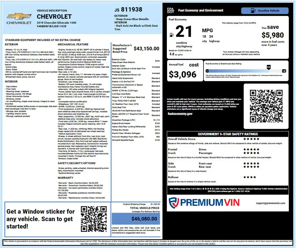 Chevrolet window sticker lookup report