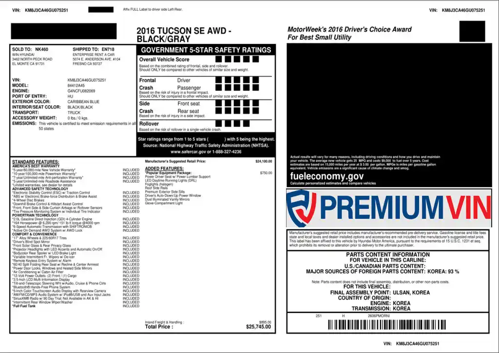 Hyundai window sticker lookup report