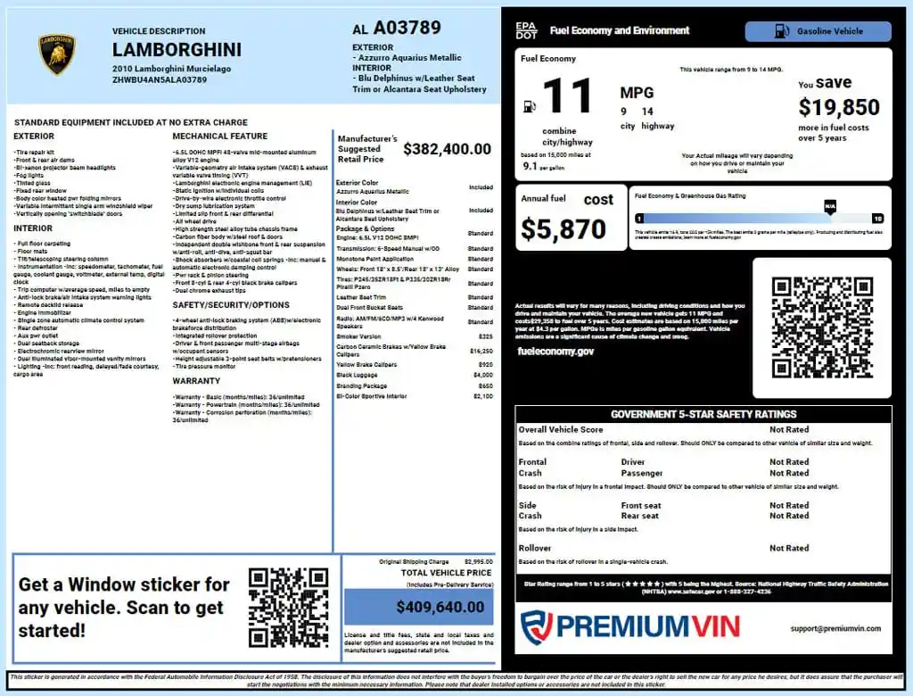 Lamborghini Window Sticker Report