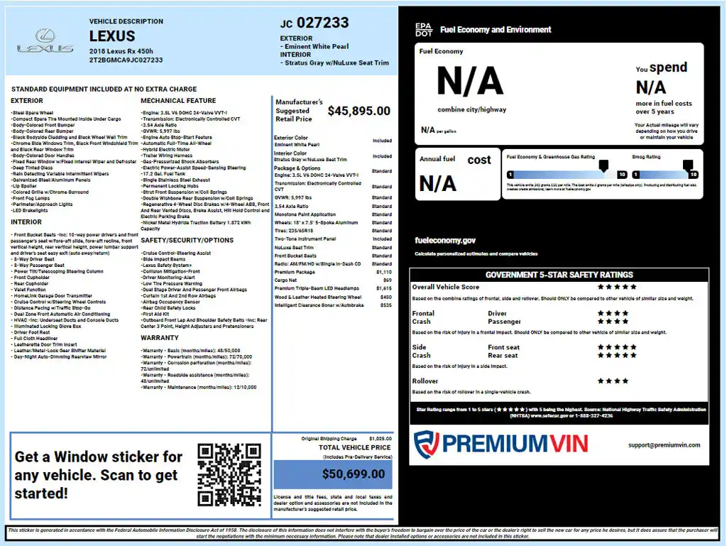 Lexus window sticker lookup report