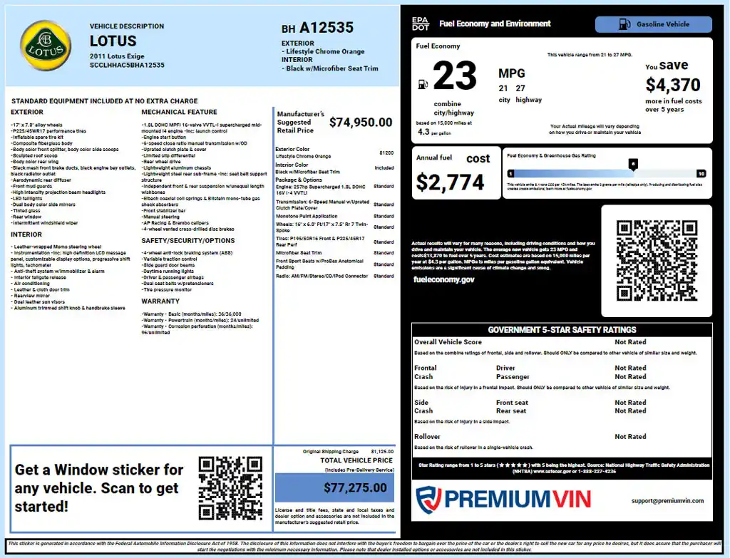 Lotus window sticker lookup by VIN report