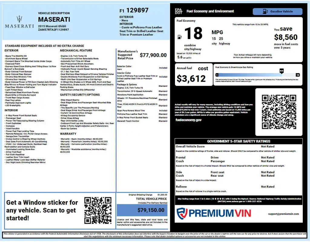 Maserati Window Sticker Lookup Report