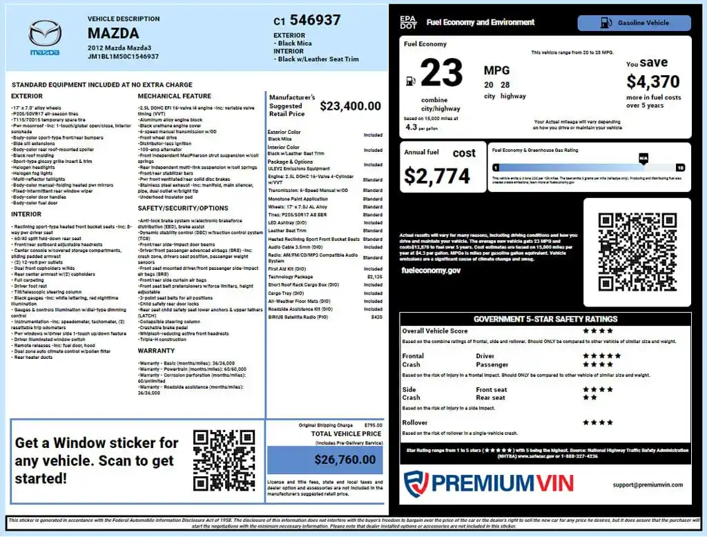 Mazda Window Sticker Lookup