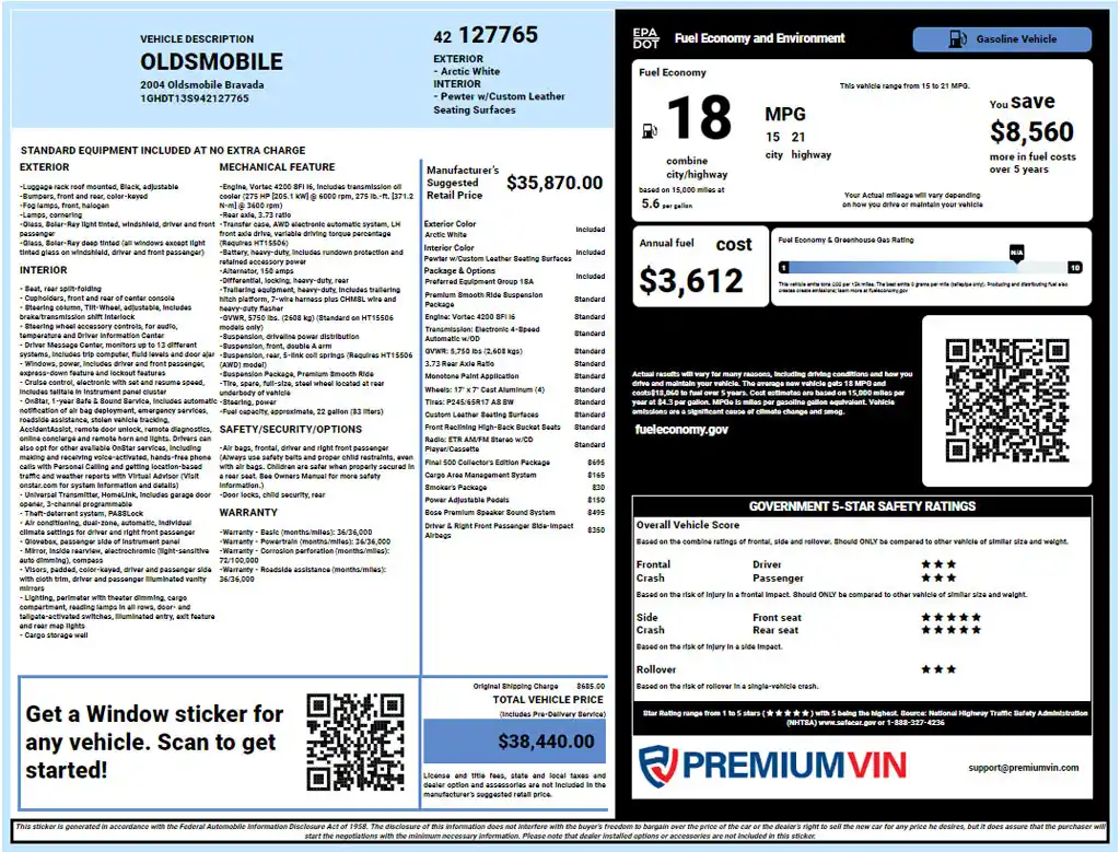 Oldsmobile Window Sticker Lookup Report