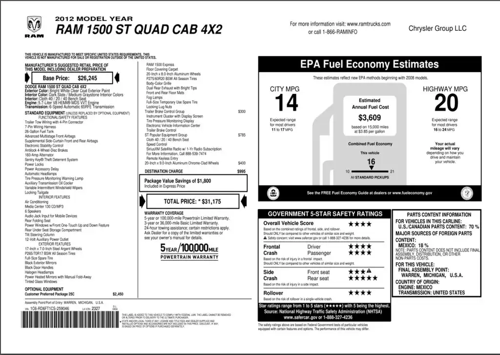 RAM window sticker lookup report