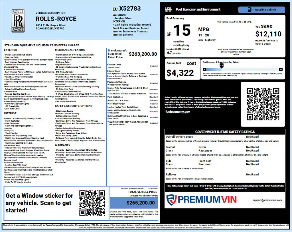 Rolls-Royce window sticker lookup report