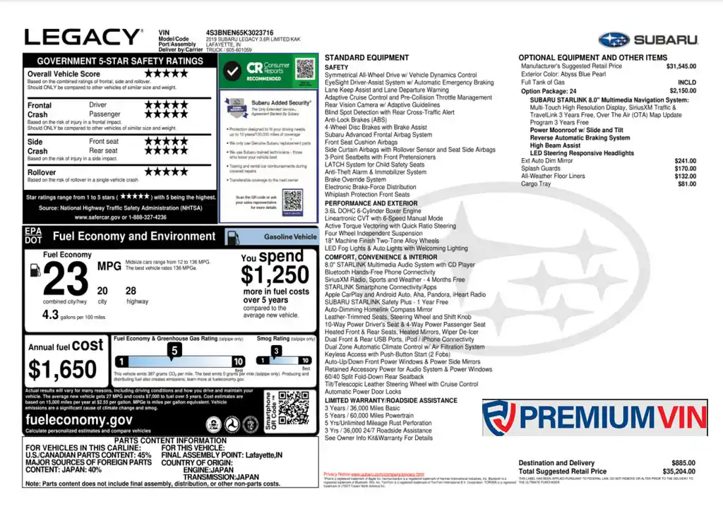 Subaru window sticker lookup report