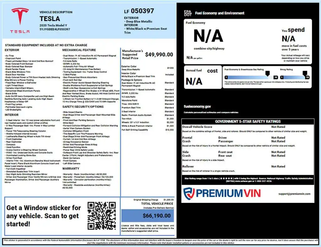 Tesla window sticker lookup report